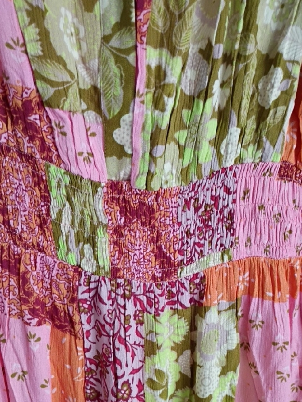 Easel Los Angeles Maxi Patchwork Floral Dress in Pink, Orange & Green - Picture 3 of 8
